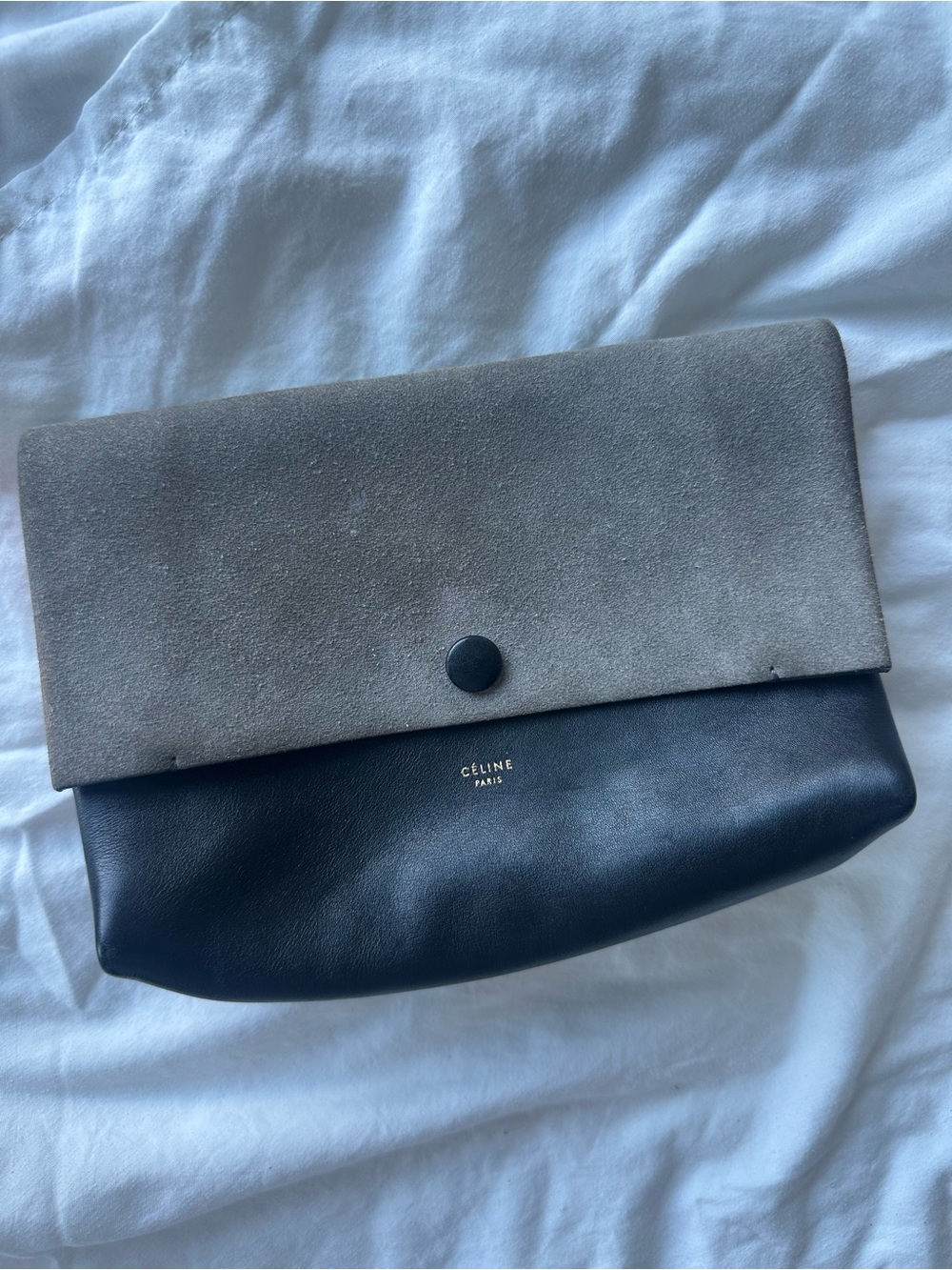 Céline Two-Tone Leather & Suede Foldover Clutch - Black & Gray SOFTPOUCH